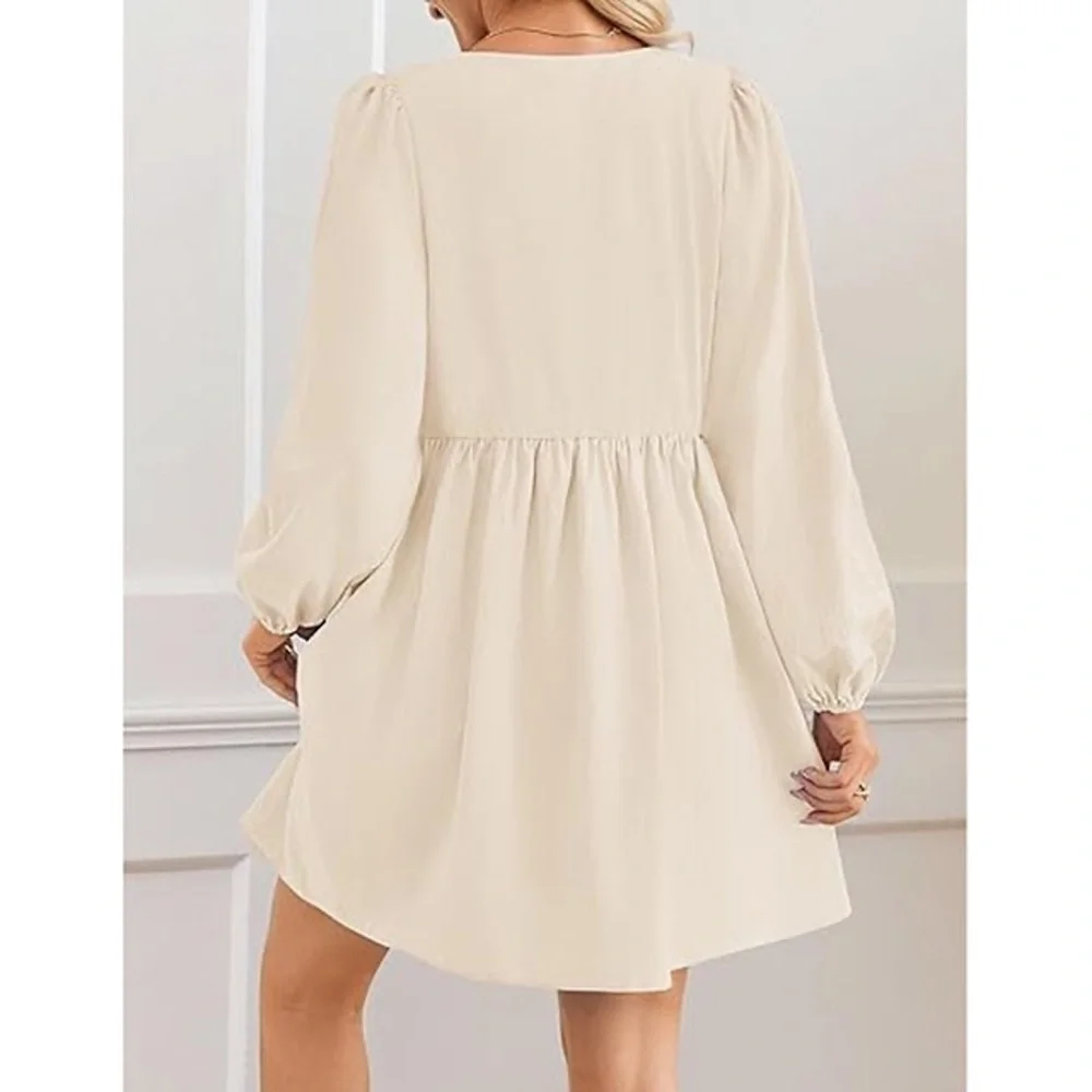 NWT Women's Dress Fall Long Puff Sleeve Self Tie Front Babydoll A Line Dress S - Picture 2 of 9